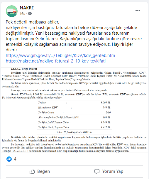 KDV tevkifatı tevkifatlı nakliye fatura örneği