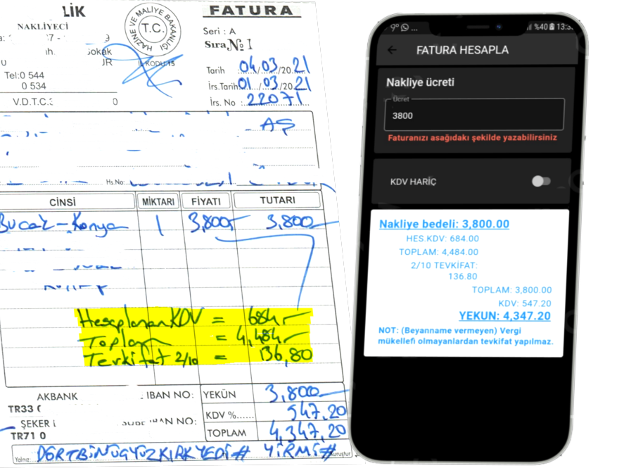 KDV tevkifatı tevkifatlı nakliye fatura örneği